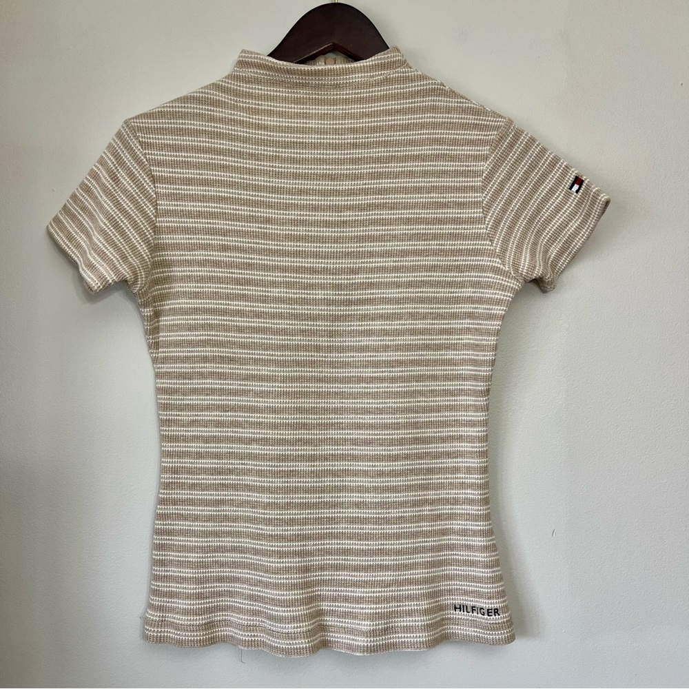 Vtg Y2K Tommy Hilfiger Ribbed Knit Fitted Top Medium Striped Mock Neck Preppy
